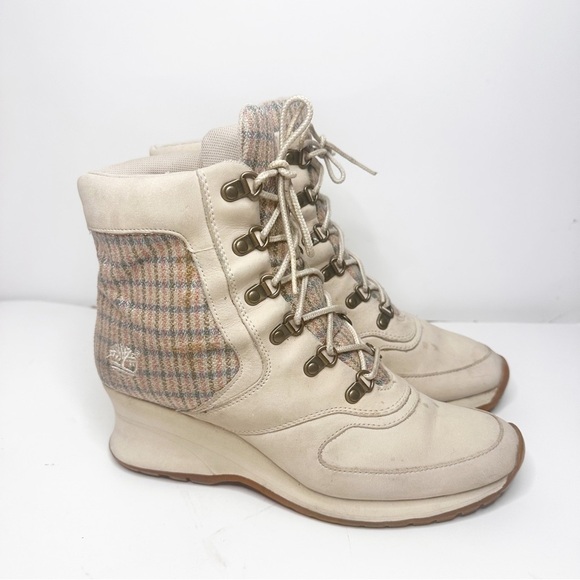 TIMBERLAND SUEDE AND PLAID FABRIC‎ BOOTS WEDGE SZ 7 - Picture 4 of 6